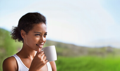 Black woman, coffee and relax outdoor for calm mindfulness, peace travel vacation or summer holiday in nature. Sunshine, drinking tea and young girl relaxing, thinking or breathing fresh air with cup