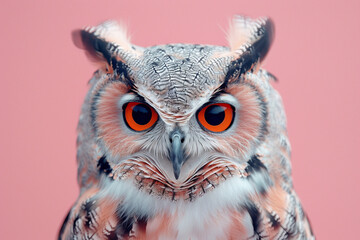 Portrait of an owl close-up on a pink background, front view.