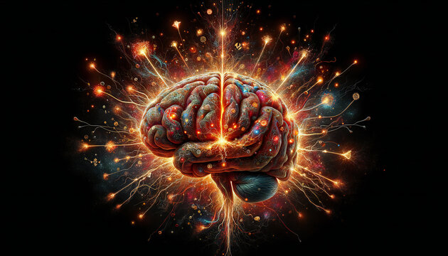 Human brain exploding with knowledge and creativity. vibrant colors. mind-blowing concept.	