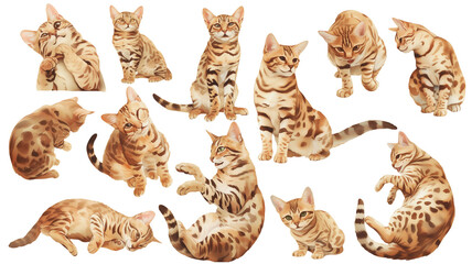 Bengal cat watercolor illustration clipart.