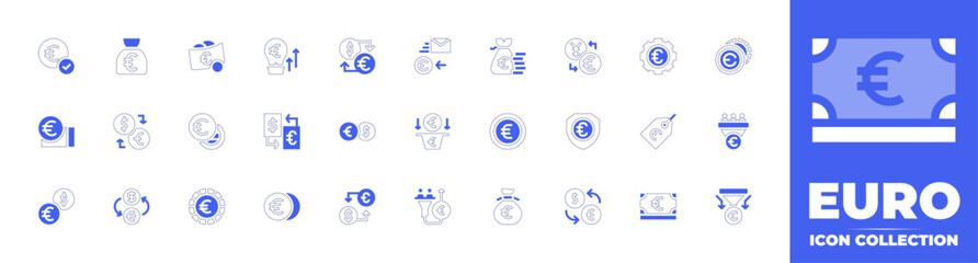 Euro icon collection. Duotone style line stroke and bold. Vector illustration. Containing money bag, money exchange, euro, exchange rate, currency exchange, exchange, sales pipeline.