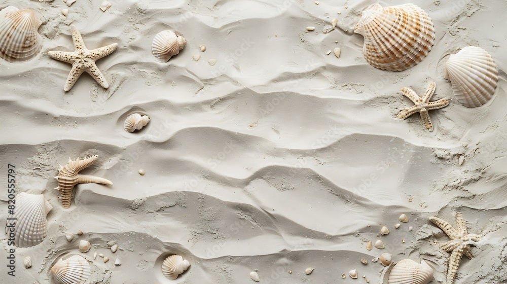 Poster Top view of a sandy beach texture with imprints of exotic seashells and starfish as natural textured background : Generative AI