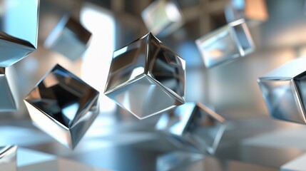 Floating 3D cubes with reflective surfaces and dynamic shadows.