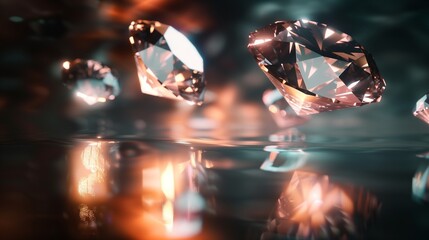 Floating 3D diamonds with reflective surfaces in a dark, ethereal space.