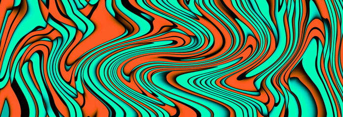 Multicolor curved lines background. Shiny wavy pattern. Abstract psychedelic illustration. Wide image. 3d rendering