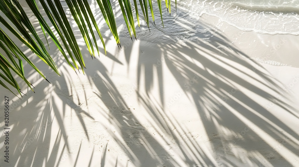 Aufkleber palm leaf shadow on abstract white sand beach background sun lights on water surface beautiful abstr