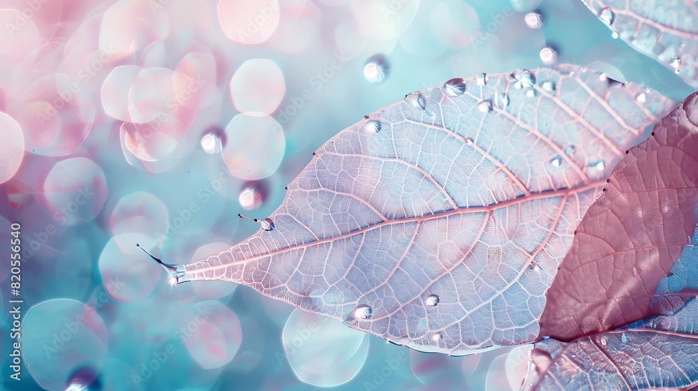 Aufkleber transparent skeleton leaf with beautiful texture on a blue and pink background glass with shiny wate