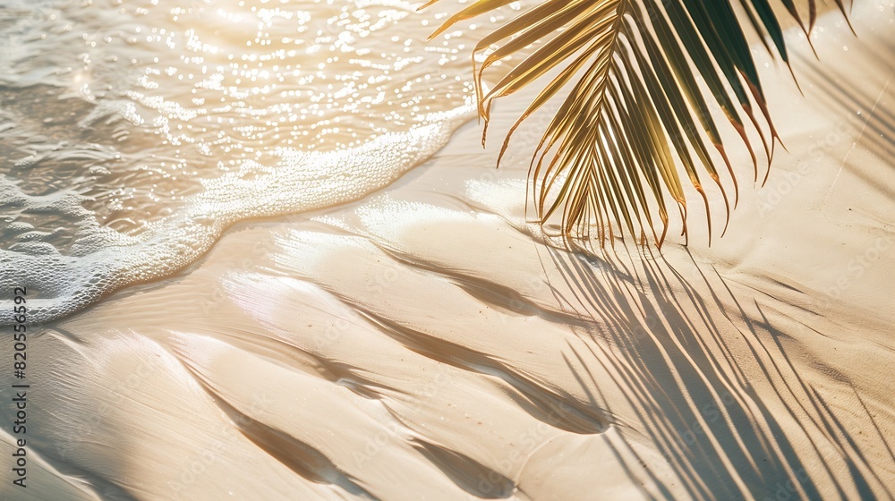 Aufkleber palm leaf shadow on abstract white sand beach background sun lights on water surface beautiful abstr
