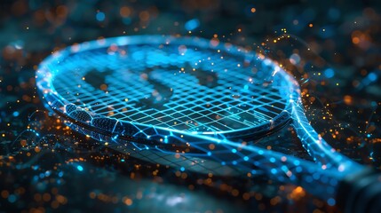 Biometric tennis racket with a holographic interface, showing realtime performance data, Techno, Digital, Holographic, Sports innovation