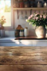 Fototapeta premium A desk top with blurred background of kitchen. Good for background