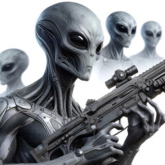grey alien and his weapon portrait on white background prapare for war