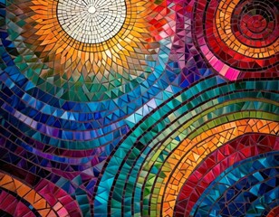 A vibrant and colorful mosaic with intricate patterns forming a kaleidoscopic design, radiating from the center.. AI Generation