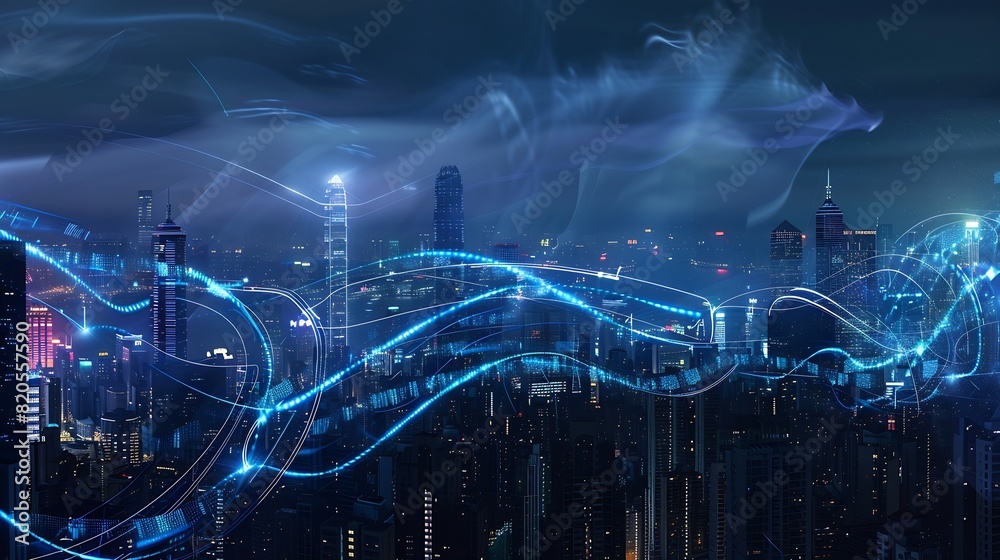Aufkleber smart city and big data connection technology concept with digital blue wavy wires with antennas on 
