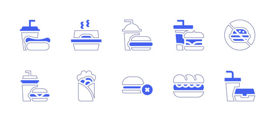 Fast food icon set. Duotone style line stroke and bold. Vector illustration. Containing fast food, food container, no fast food, no food, kebab, sandwich, burger.