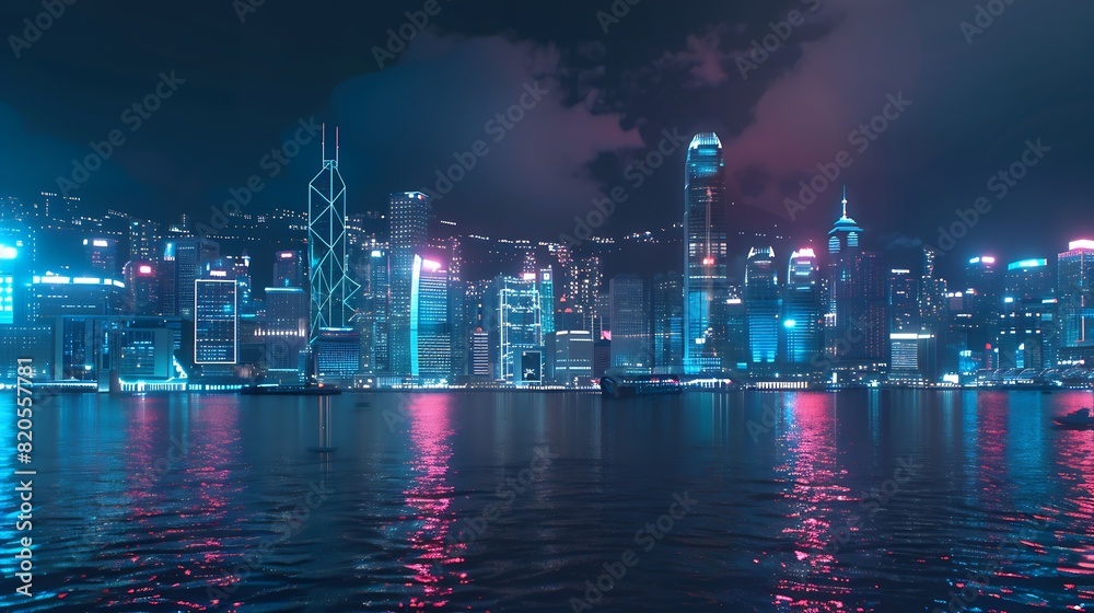 Poster Smart network and Connection technology concept Hong Kong digital city background at night in victoria harbour Cyberpunk color style Panorama view : Generative AI
