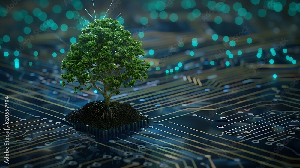 Poster Tree with soil growing on  the converging point of computer circuit board Blue light and wireframe network background Green Computing Green Technology Green IT csr and IT ethics Concep : Generative AI