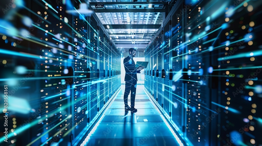 Poster futuristic concept data center chief technology officer holding laptop standing in warehouse informa
