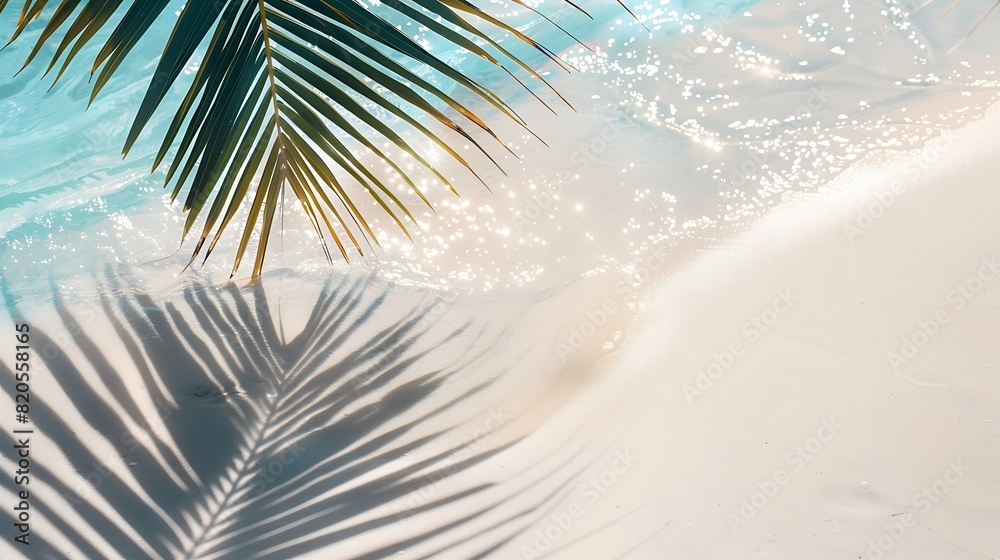 Poster palm leaf shadow on abstract white sand beach background sun lights on water surface beautiful abstr
