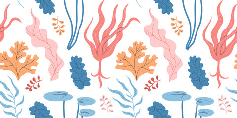 Seaweeds seamless pattern. Aquarium plants, underwater planting. Vector seaweed silhouette isolated set. Illustration of aquatic plant, nature wildlife