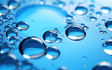 liquid water droplets on a blue surface, blue background.