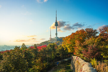 Namsan Seoul tower and city wall located in Seoul, South Korea