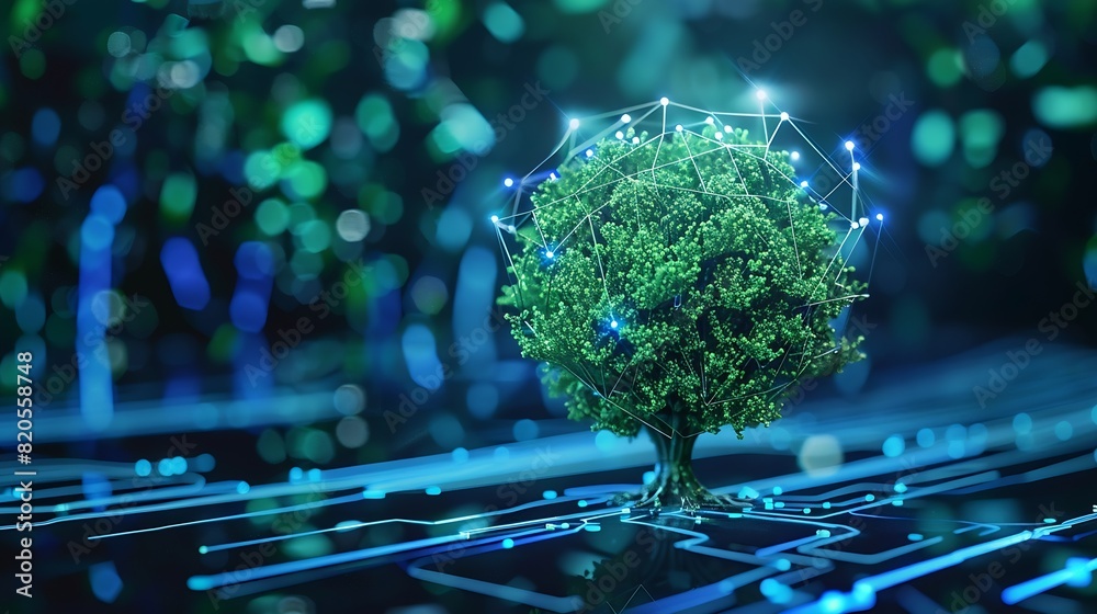 Fototapete Tree growing on Circuit digital ball Digital and Technology Convergence Blue light and Wireframe network background Green Computing Green Technology Green IT csr and IT ethics Concept : Generative AI