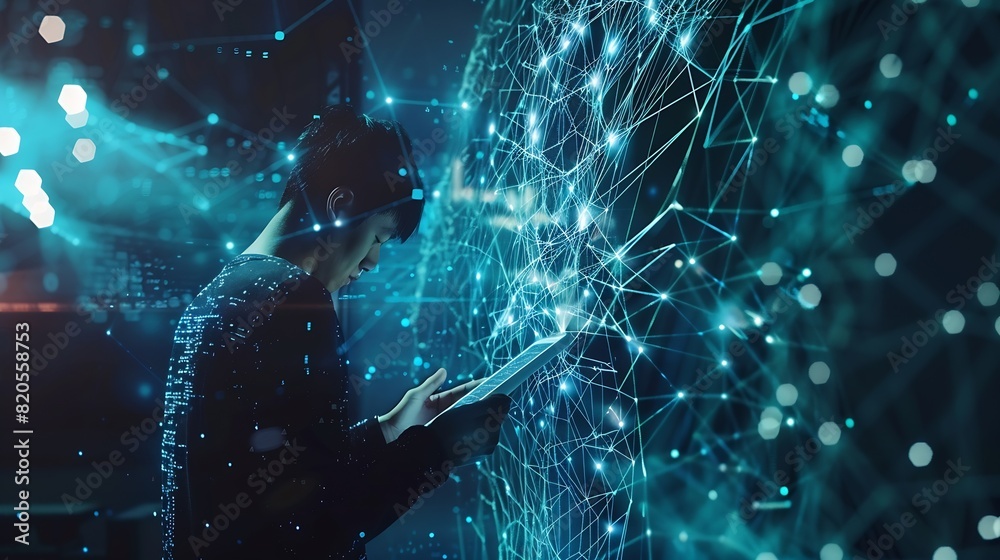 Aufkleber Internet network technology digital software development future tech background IoT concept Man using digital tablet and laptop with global network connection computer code : Generative AI