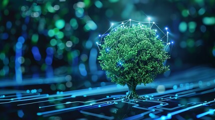 Tree growing on Circuit digital ball Digital and Technology Convergence Blue light and Wireframe network background Green Computing Green Technology Green IT csr and IT ethics Concept : Generative AI