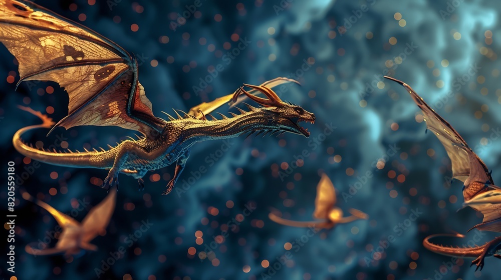 Poster abstract flying dragons on a dark blue background technological background for design on the topic o