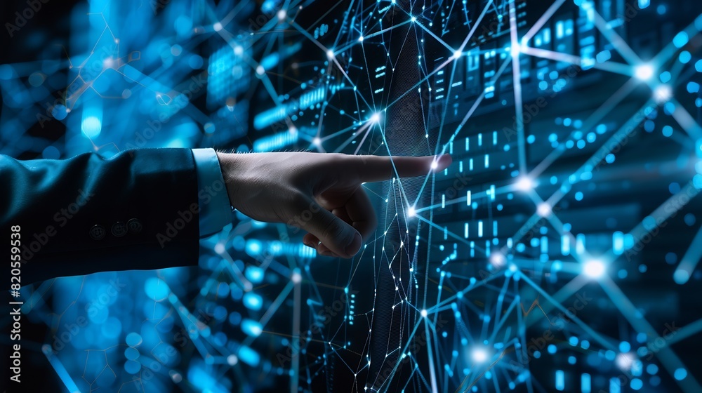 Poster Big data digital technology concept Software engineer touching on virtual internet network connection with data center network server innovative futuristic technology background data m : Generative AI