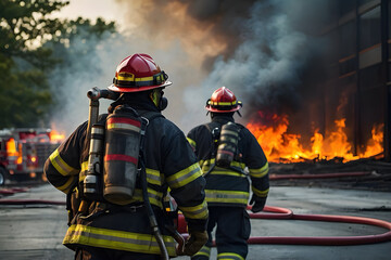 Fototapeta premium A portrait of a firefighter with a risky background