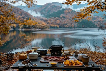 Autumn Feast by Lake Yabokaro A rustic outdoor table filled with cooking equipment and food, surrounded by colorful autumn leaves under the majestic mountains of Japan