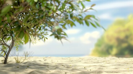 Beautiful sandy beach with blur sky and tree summer : Generative AI