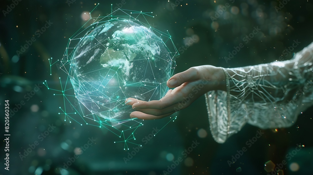 Leinwandbilder metaverse virtual technologywoman hand holding global network connection internet communication wire