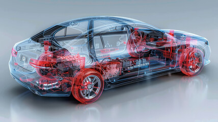 a 3d mesh of a car showing the wiring network inside,generative ai