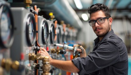 An engineer with glasses is tinkering on a machine at a factory