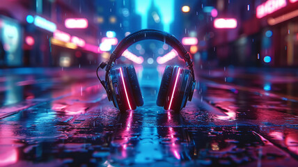 3D music headphone in cyberpunk futuristic background.generative ai
