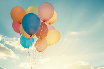 multicolor balloons with a retro instagram filter effect, concept of happy birthday in summer and wedding honeymoon party (Vintage color tone)