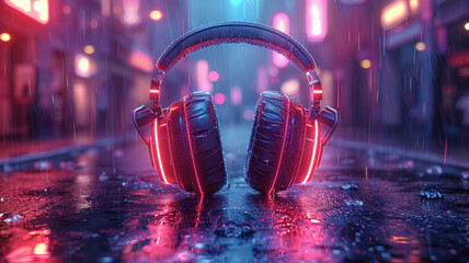 3D music headphone in cyberpunk futuristic background.generative ai