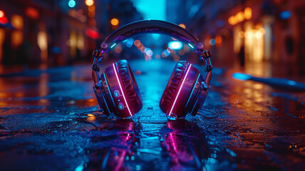 3D music headphone in cyberpunk futuristic background.generative ai