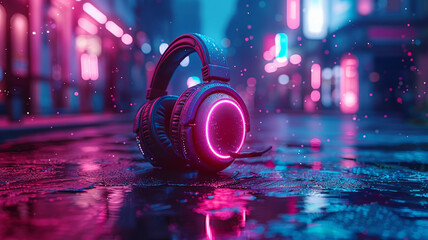 3D music headphone in cyberpunk futuristic background.generative ai