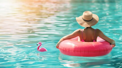 Beach vacation summer Caribbean travel woman sunbathing relaxing with swimming pool pink flamingo float  funny holiday banner panoramic : Generative AI