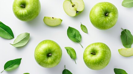 Fototapeta premium natural food design with green apples and leaves white desk background top view mock up