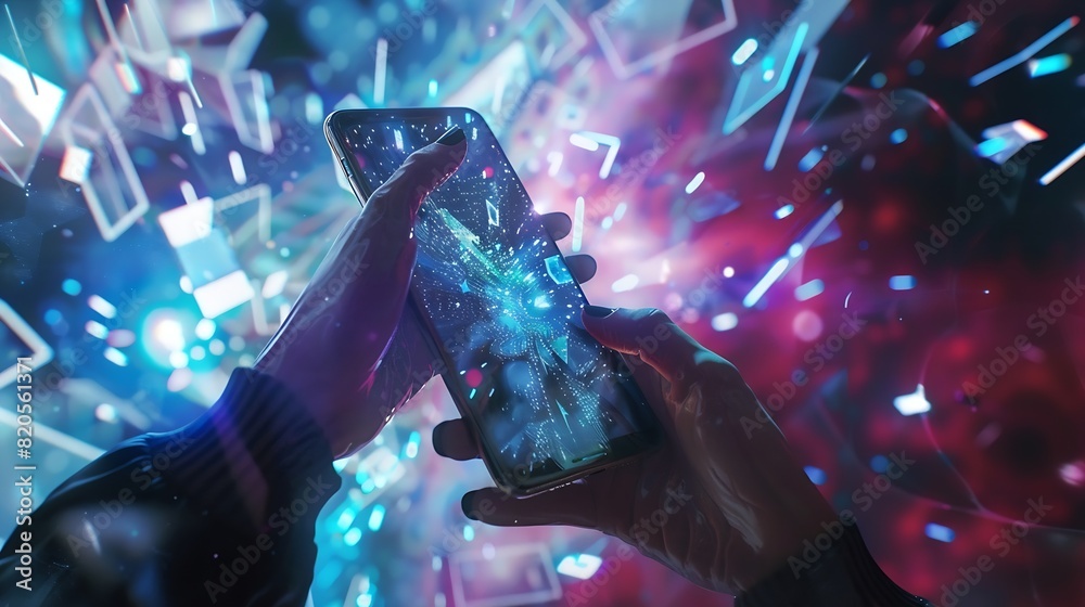 Aufkleber Metaverse and Blockchain Technology Concepts Person with an Experiences of Metaverse Virtual World via Smart Phone Futuristic Tone Conceptual Photo : Generative AI