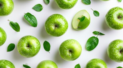 Fototapeta premium natural food design with green apples and leaves white desk background top view mock up