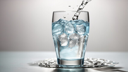 A glass nearly full of water with ice cubeson white background
