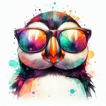 recommend clip art: Cartoon Puffin Bird: Abstract Watercolor Painting with Colorful Details and Sunglasses, Perfect for T-shirt Prints or High-Quality Wall Art.
                    