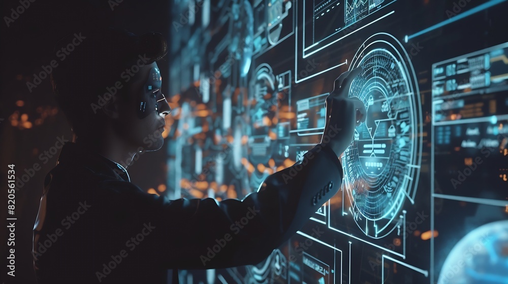 Fototapete Ai tech businessman show virtual graphic Global Internet connect Chatgpt Chat with AI Artificial Intelligence using command prompt for generates something Futuristic technology transfo : Generative AI