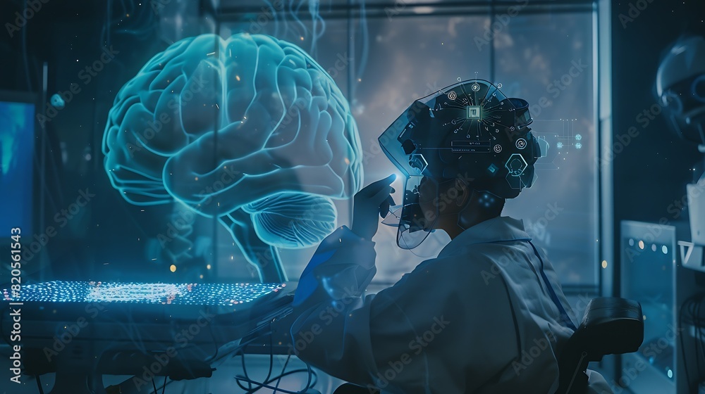 Poster doctor use robotic and innovative medical technology diagnose and examine patient brain with intelli