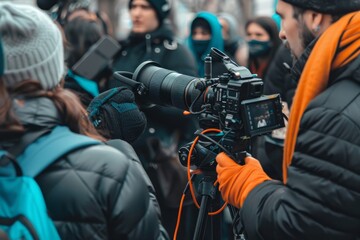 Reporters conducting interviews on location, microphones in hand, Generative AI